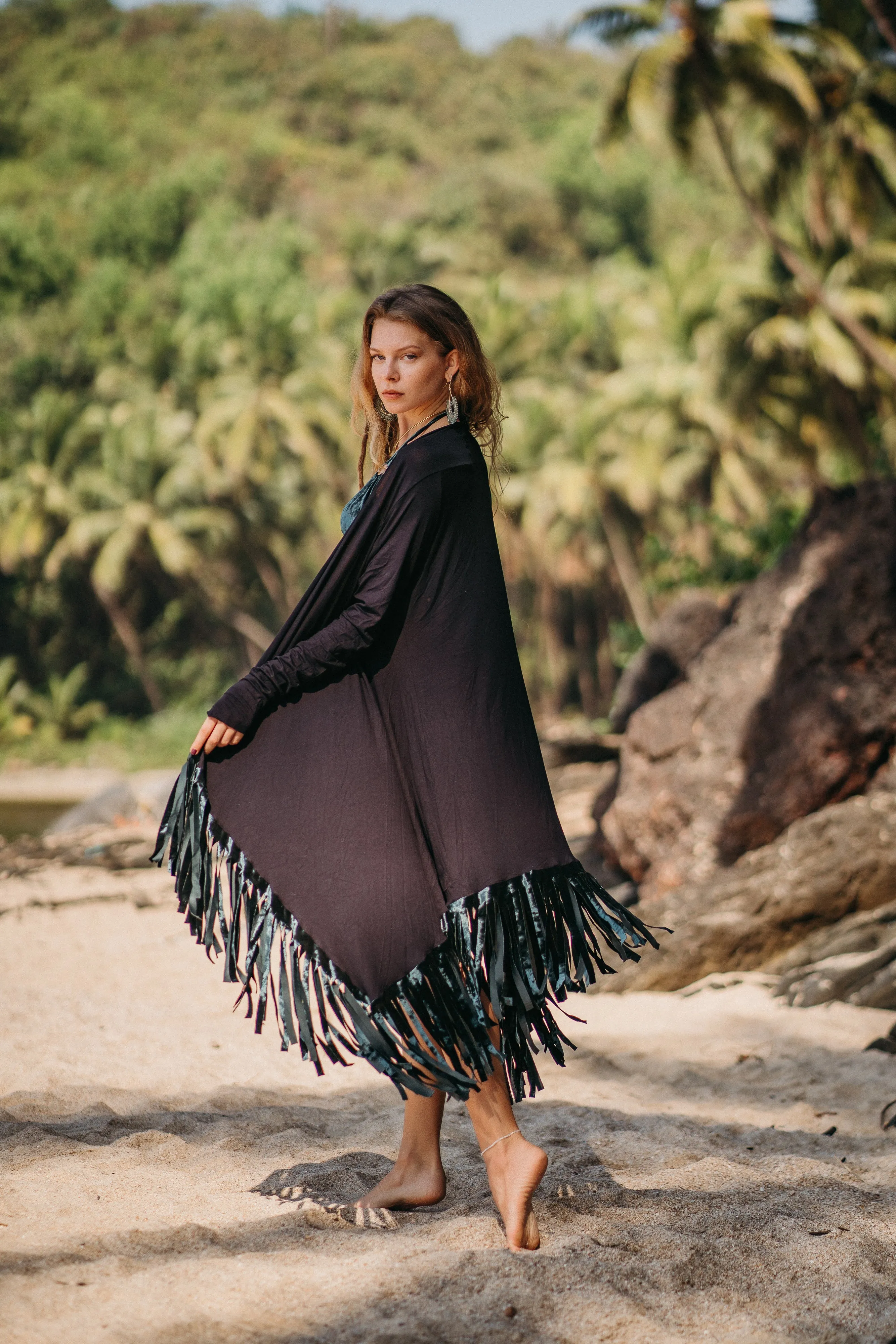 Black Cardigan Decorated with Dark Green Velvet Fringe