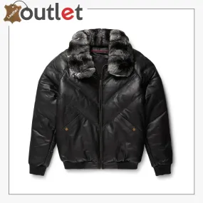 Black Leather Chinchilla Collar V Bomber Jacket