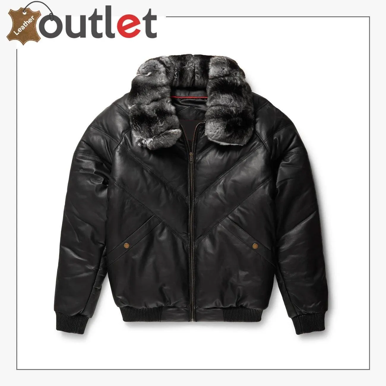 Black Leather Chinchilla Collar V Bomber Jacket