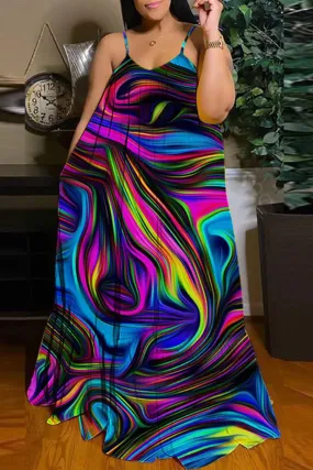 Black Multicolor Wave Abstract Rainbow Print Sheath Maxi Dress