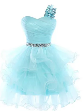 Blue A-line One Shoulder Mini Organza Homecoming Dress Short Prom Dresses SP8204