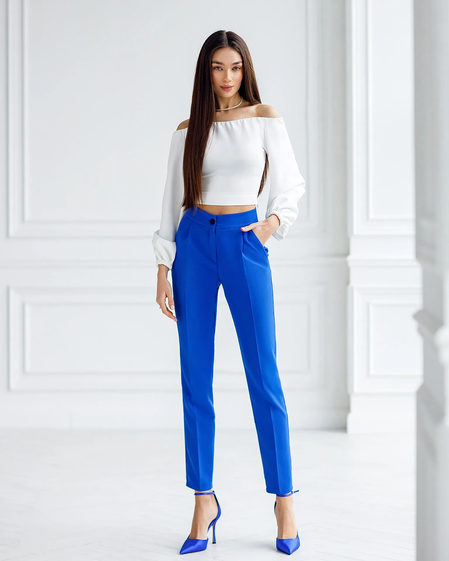 Blue High Waisted Regular Fit Pants