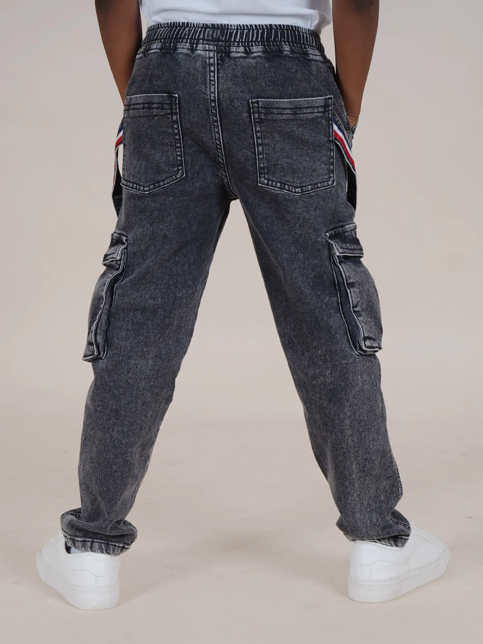 Boys Full Length Cargo Pocket Denim Jean With Side Strap & Elasticated Drawstring