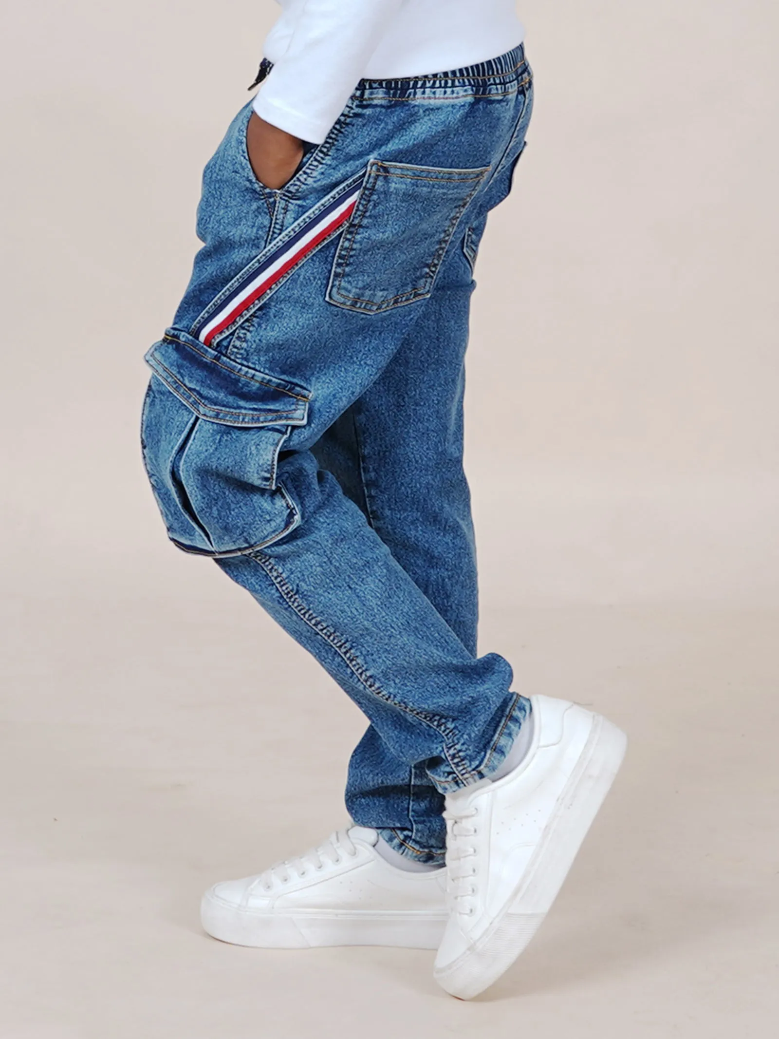 Boys Full Length Cargo Pocket Denim Jean With Side Strap & Elasticated Drawstring