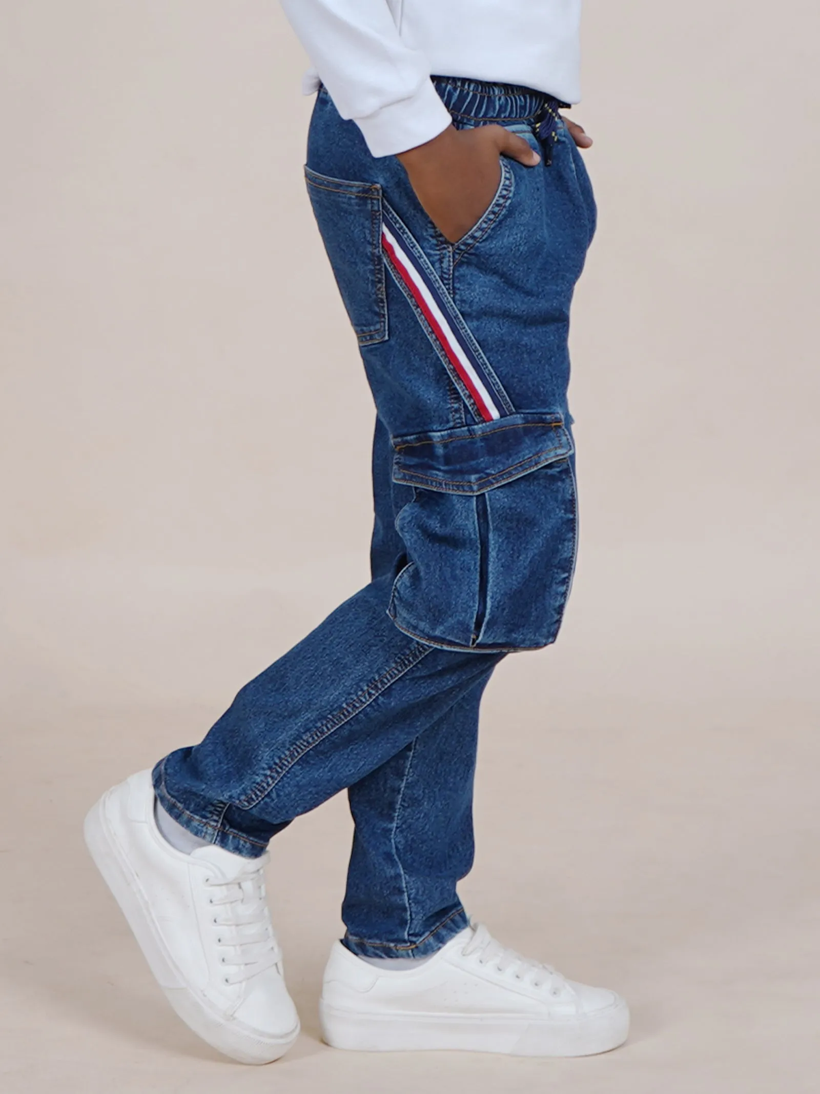 Boys Full Length Cargo Pocket Denim Jean With Side Strap & Elasticated Drawstring