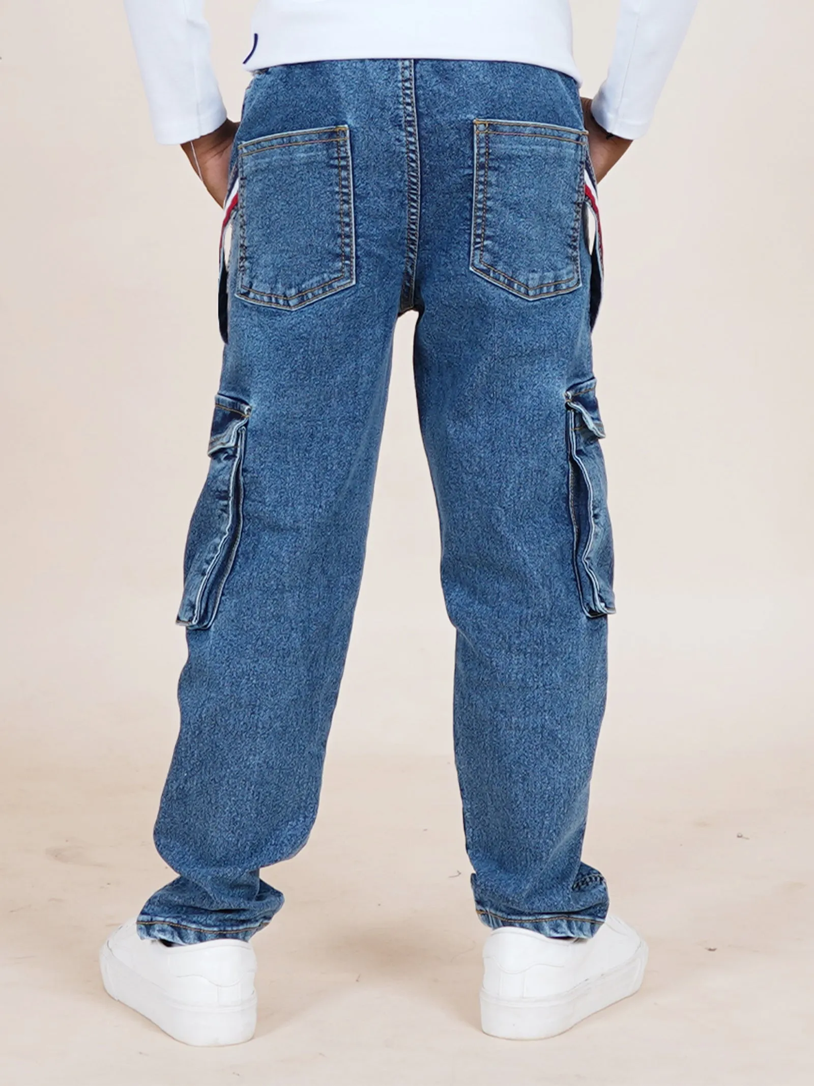 Boys Full Length Cargo Pocket Denim Jean With Side Strap & Elasticated Drawstring