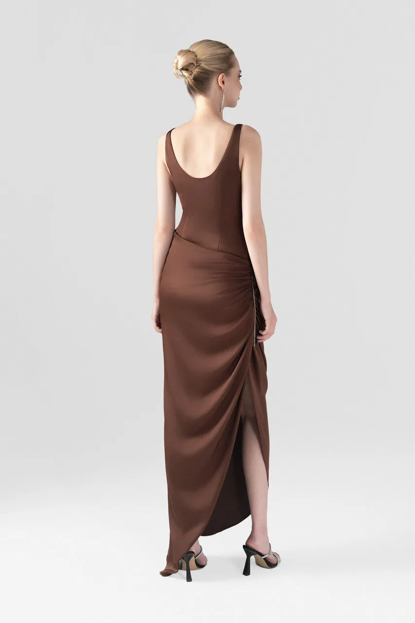 Brown Rose Embellished Side Split Maxi Dress