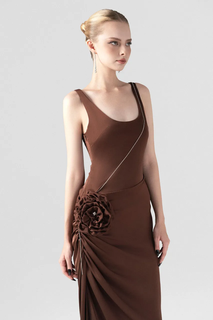 Brown Rose Embellished Side Split Maxi Dress