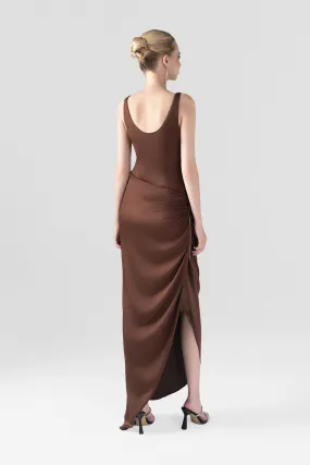 Brown Rose Embellished Side Split Maxi Dress