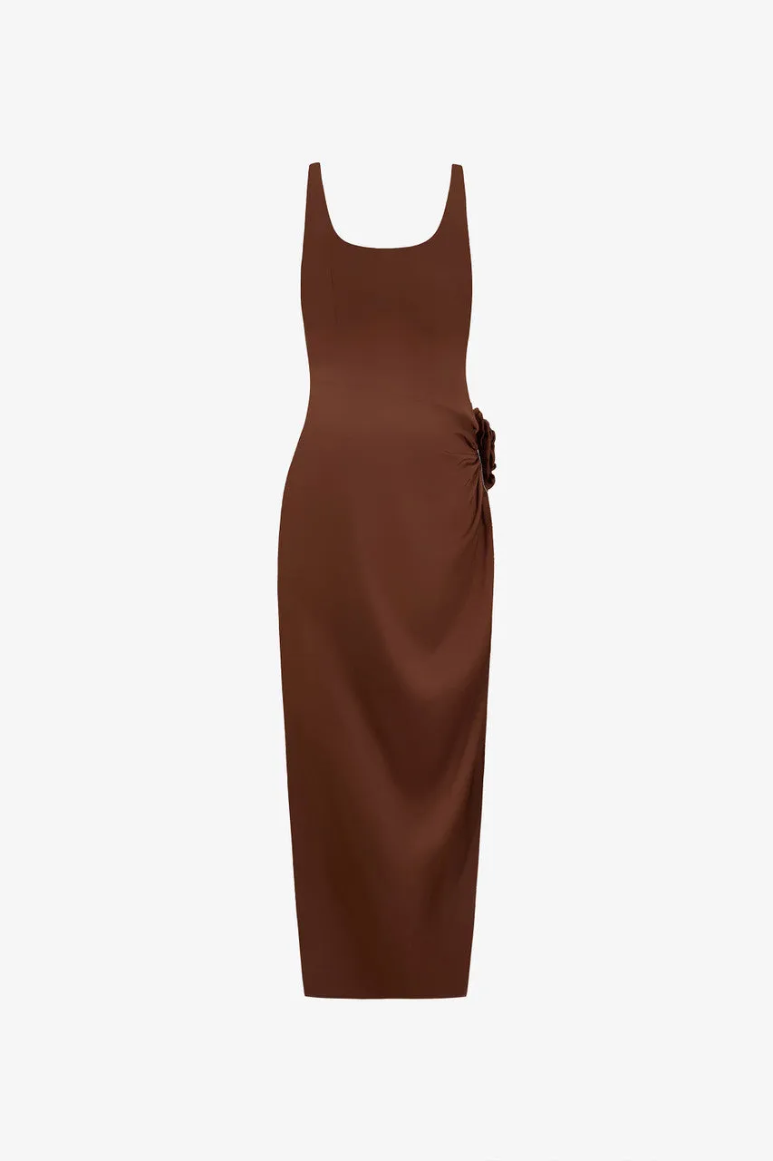 Brown Rose Embellished Side Split Maxi Dress