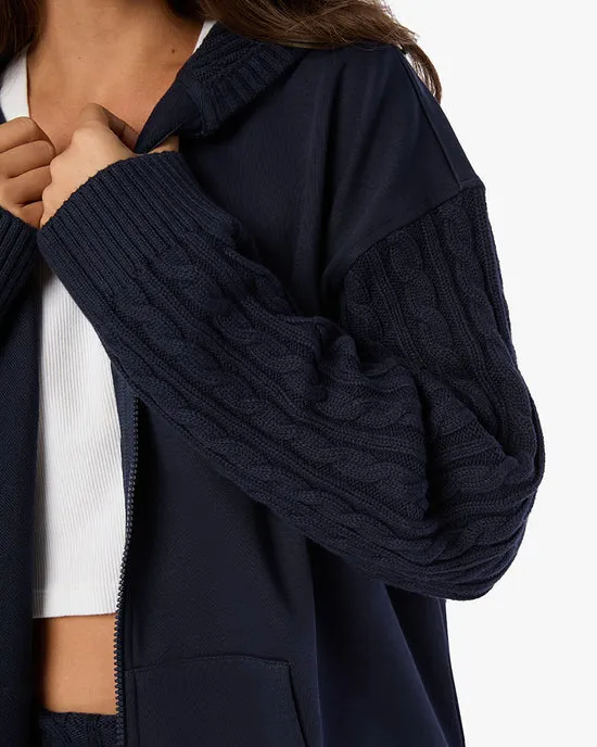 Cable Knit Sleeve Zip Up Hoodie Navy