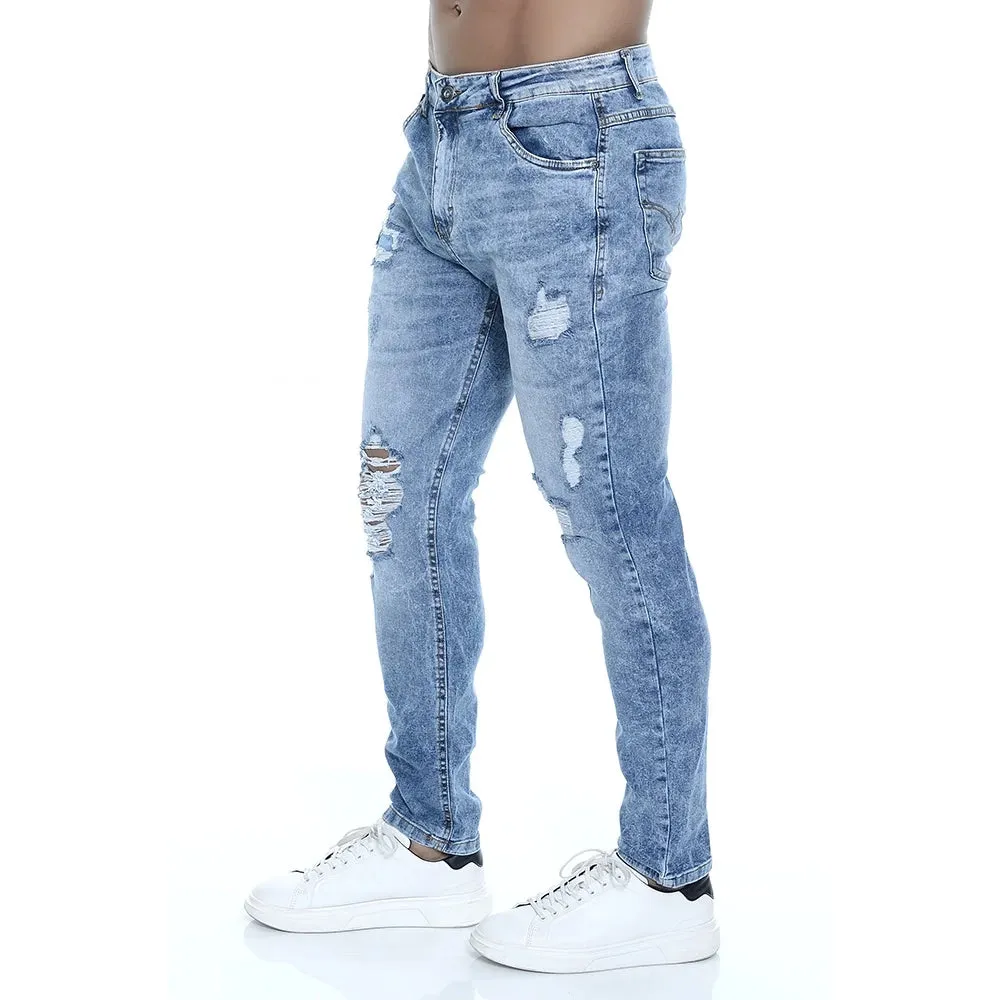 Calça Jeans Skinny Masculina Delavê Rasgada Com Elastano