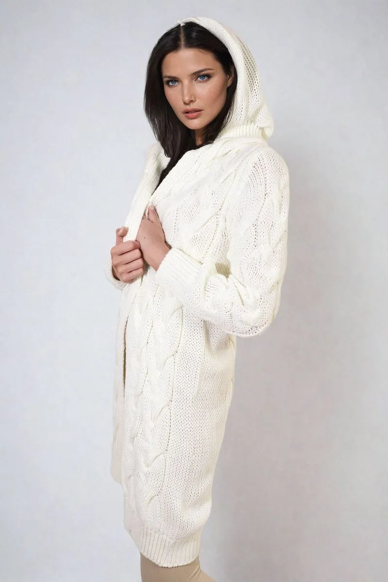 Chunky Cable Knitted Oversized Longline Hooded Cardigan