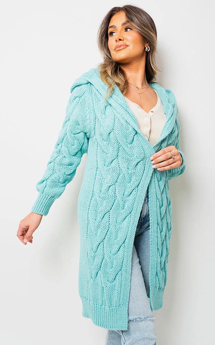 Chunky Cable Knitted Oversized Longline Hooded Cardigan