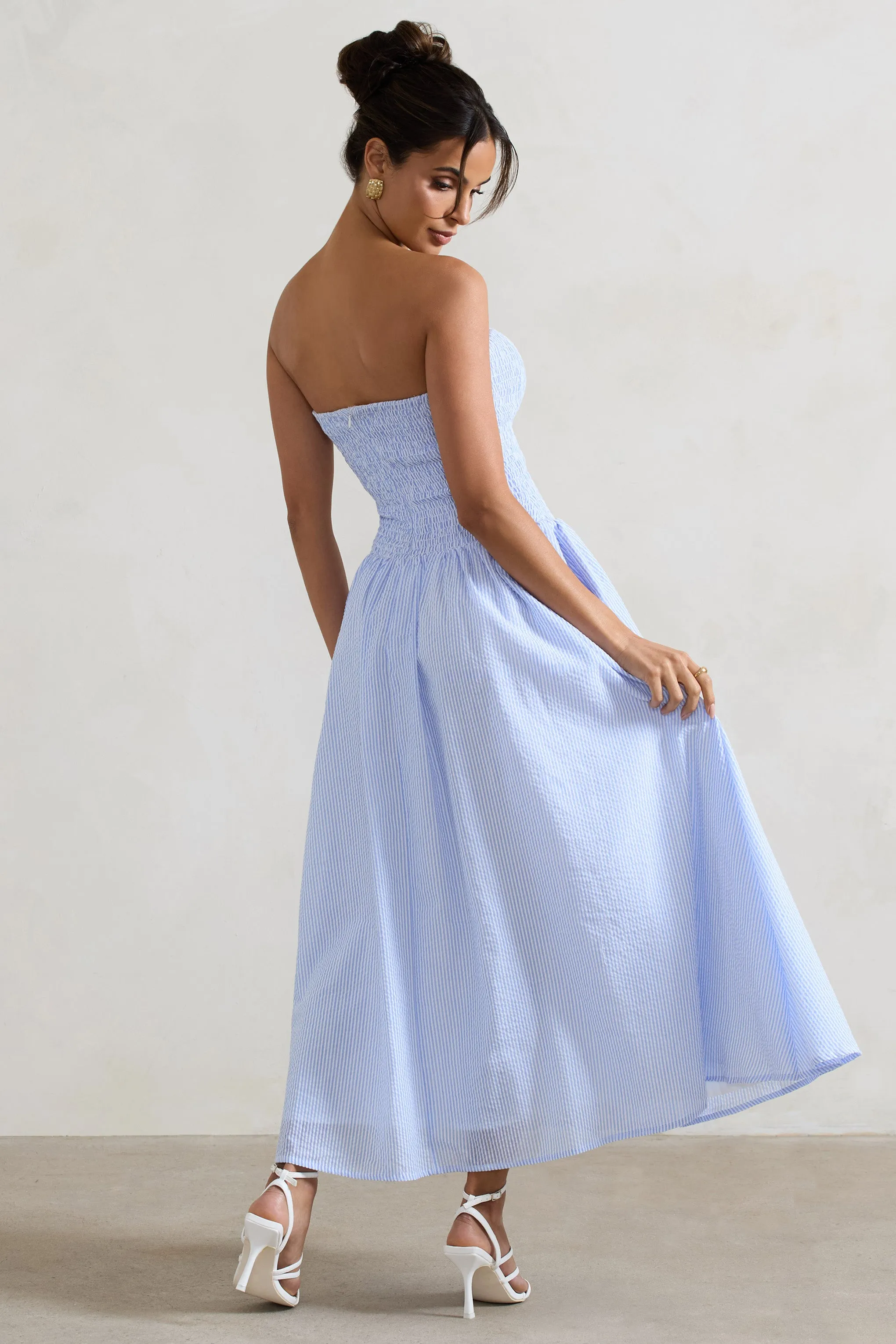 Coastal | Blue Pinstripe Bandeau Ruched Skater Midi Dress