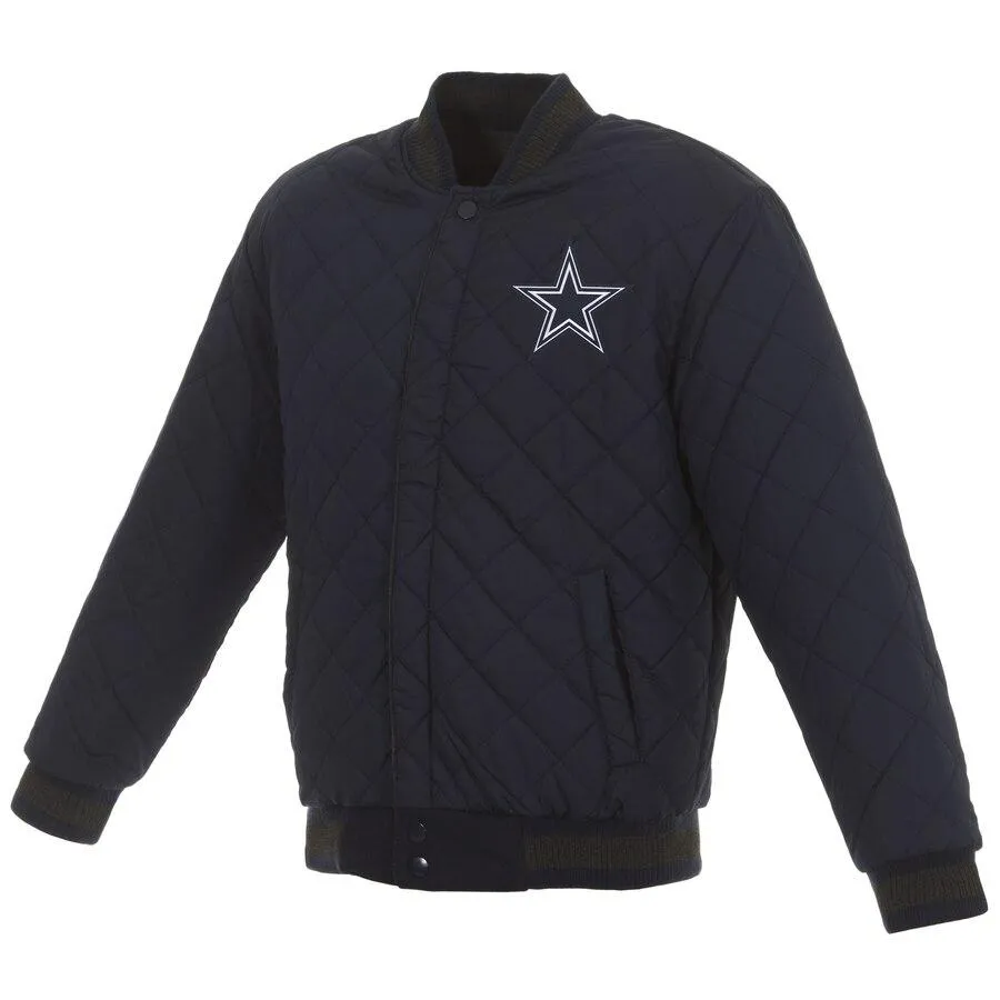 DALLAS COWBOYS WOOL AND LEATHER REVERSIBLE QUILTED JACKET - CHARCOAL/NAVY