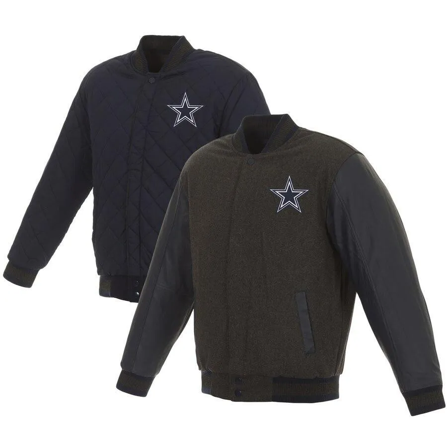 DALLAS COWBOYS WOOL AND LEATHER REVERSIBLE QUILTED JACKET - CHARCOAL/NAVY