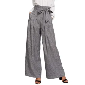 Elegant High Waist Self Belted Box Grey Loose Work Trousers Pants For Women'S