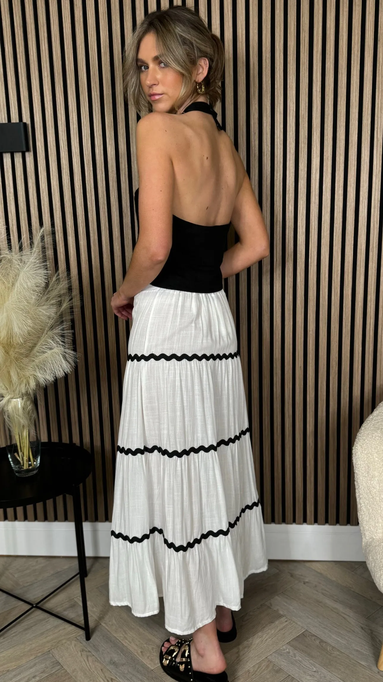 Evelyn White & Black Trimmed Midi Skirt