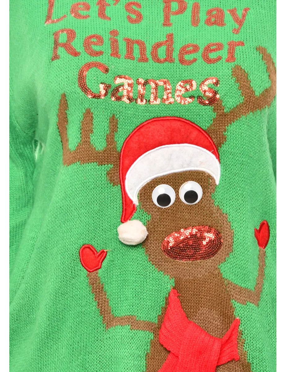 Festive Print Green Reindeer Christmas Jumper - S