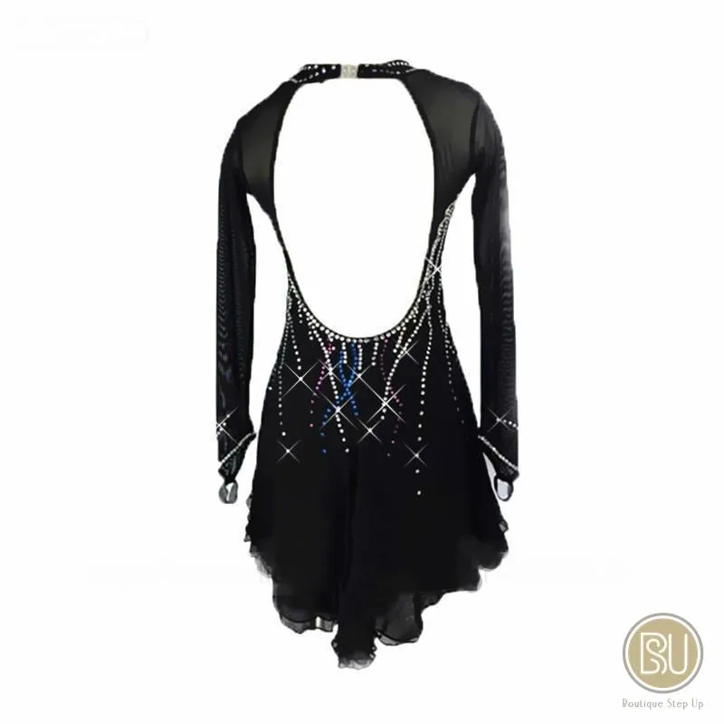 Figure Skating Dress Black Mesh & Bright Coloured Crystals