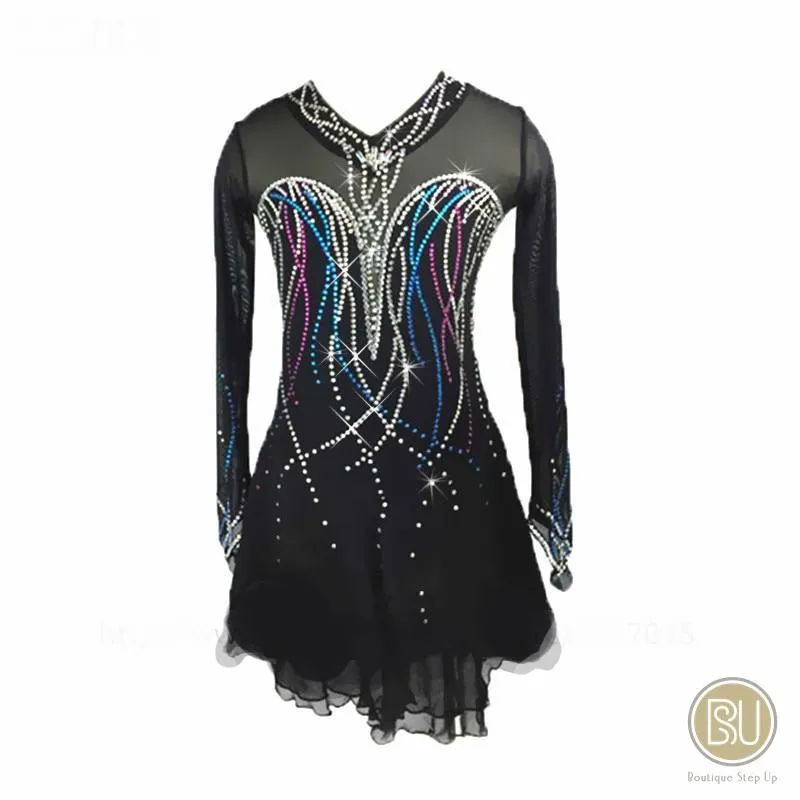 Figure Skating Dress Black Mesh & Bright Coloured Crystals