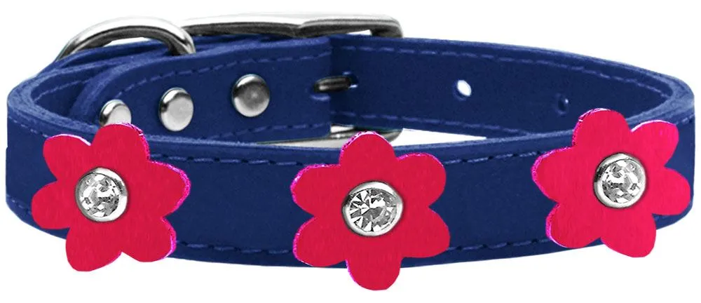 Flower Leather Collar Blue With Bright Pink Flowers Size 22