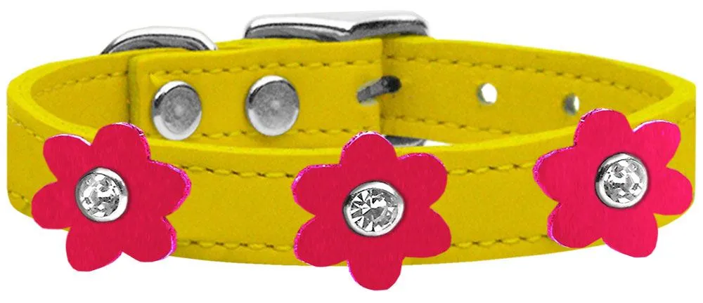 Flower Leather Collar Yellow With Bright Pink Flowers Size 18