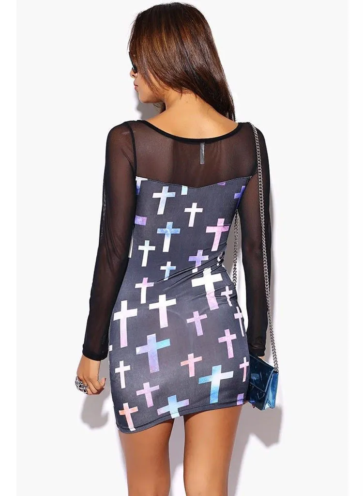 Goth Punk with Cross motif,  sexy club-wear Party stretch mini dress