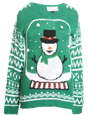 Green & White Snowman Design Knit Jumper - L