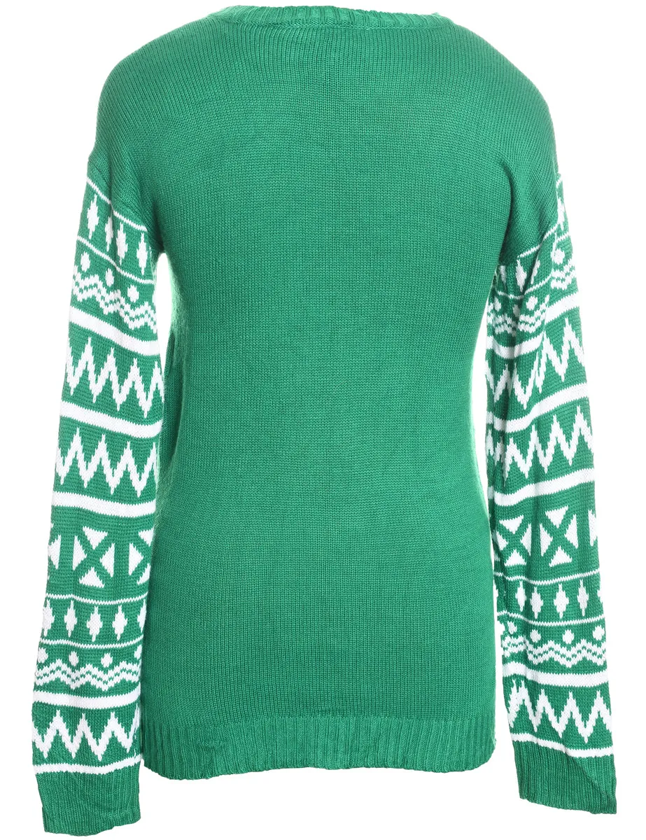 Green & White Snowman Design Knit Jumper - L