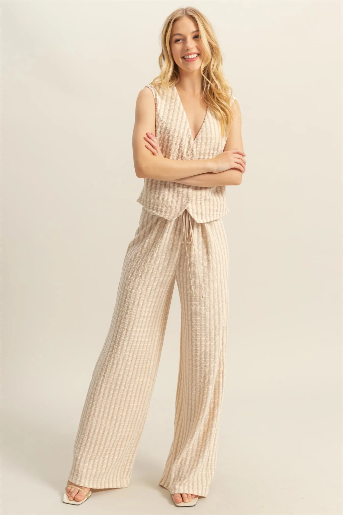 HF25E272-High Waist Drawstring Striped Knit Pants