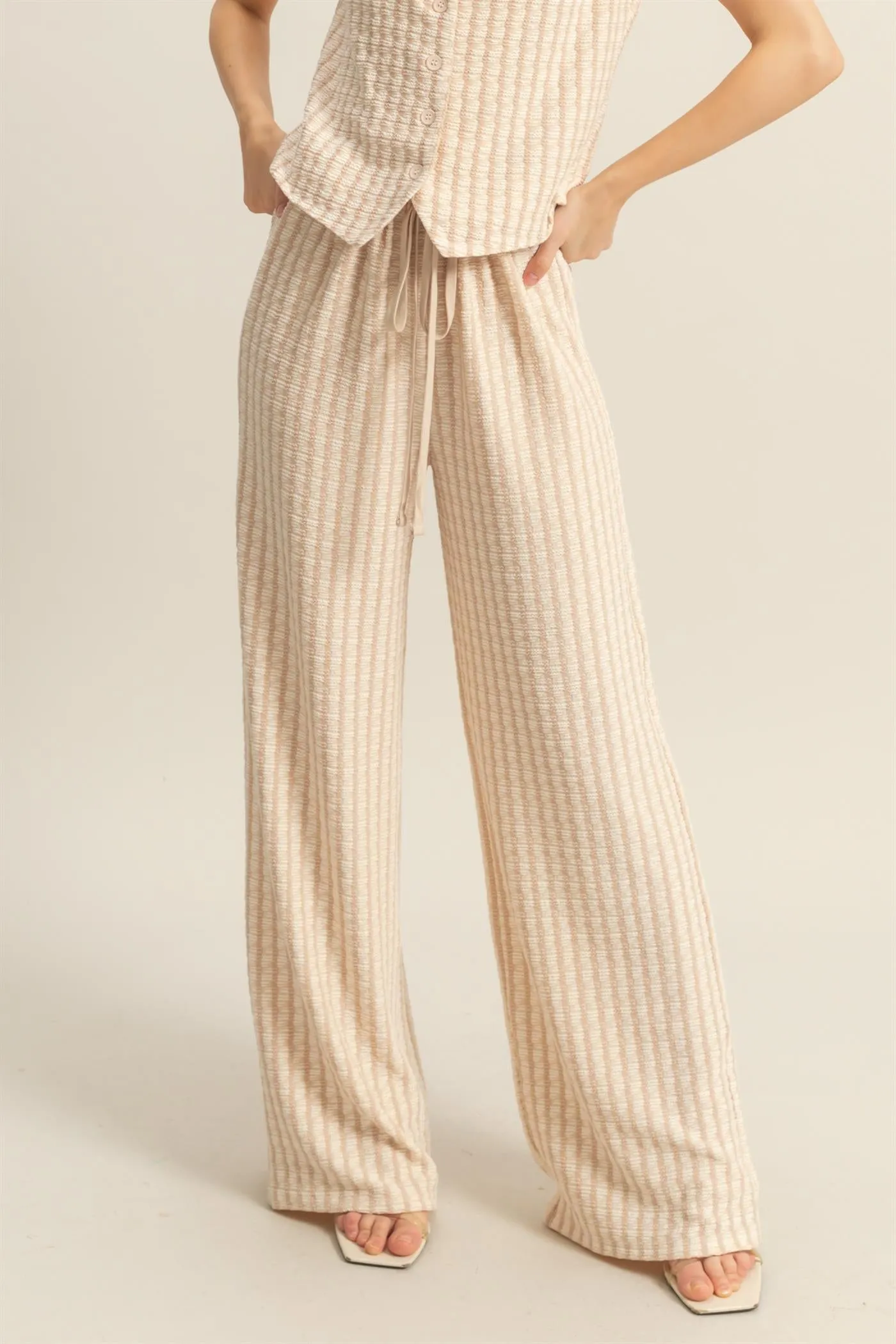 HF25E272-High Waist Drawstring Striped Knit Pants