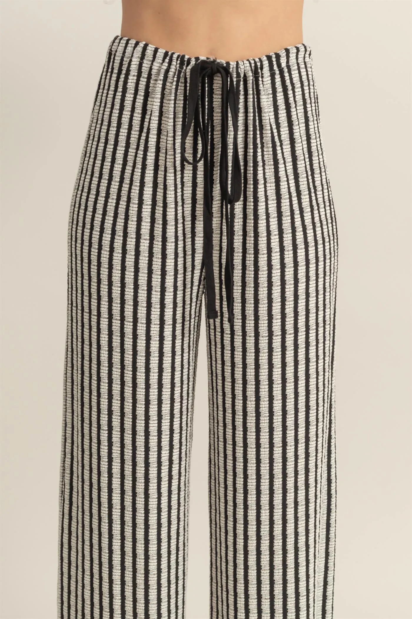 HF25E272-High Waist Drawstring Striped Knit Pants