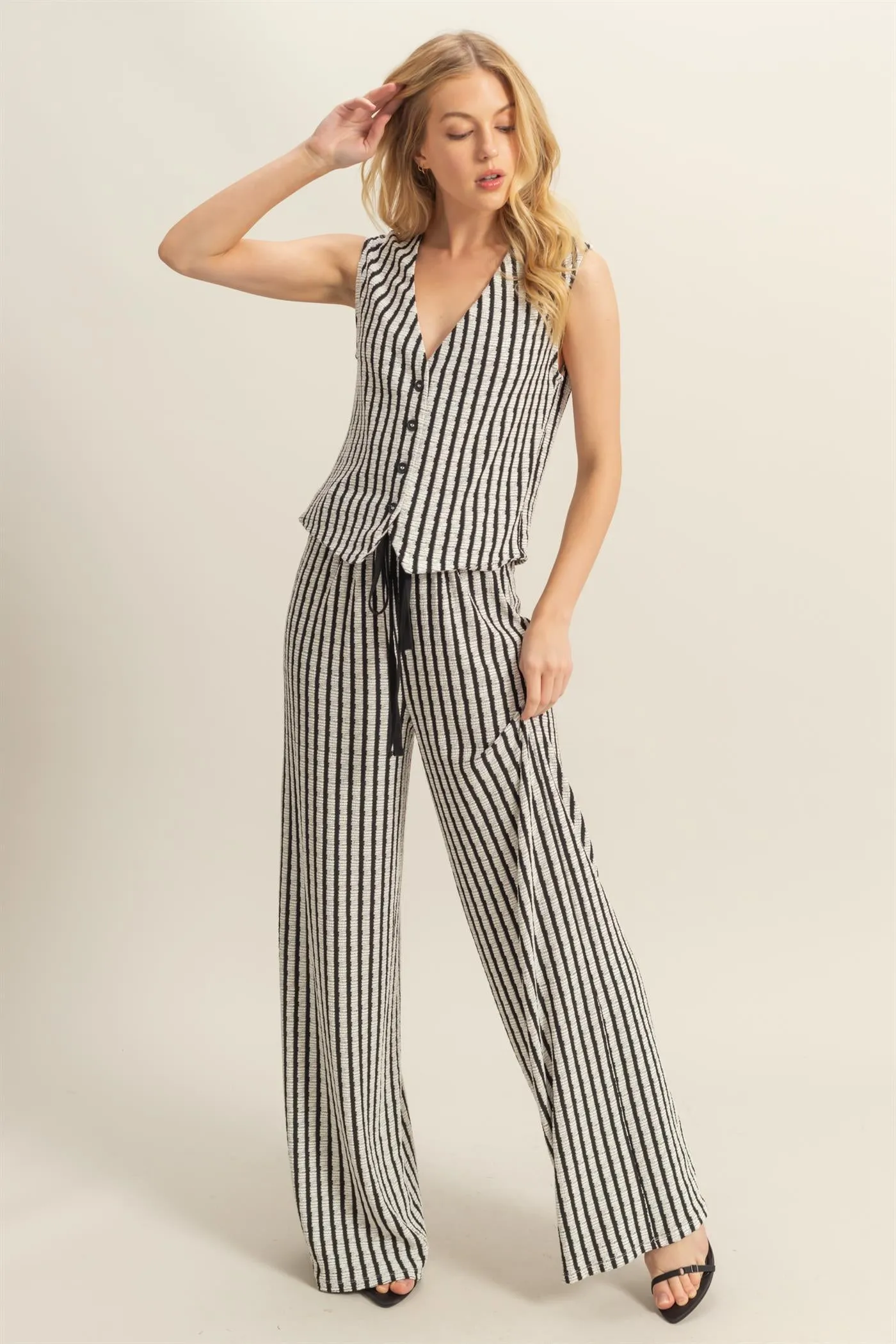 HF25E272-High Waist Drawstring Striped Knit Pants