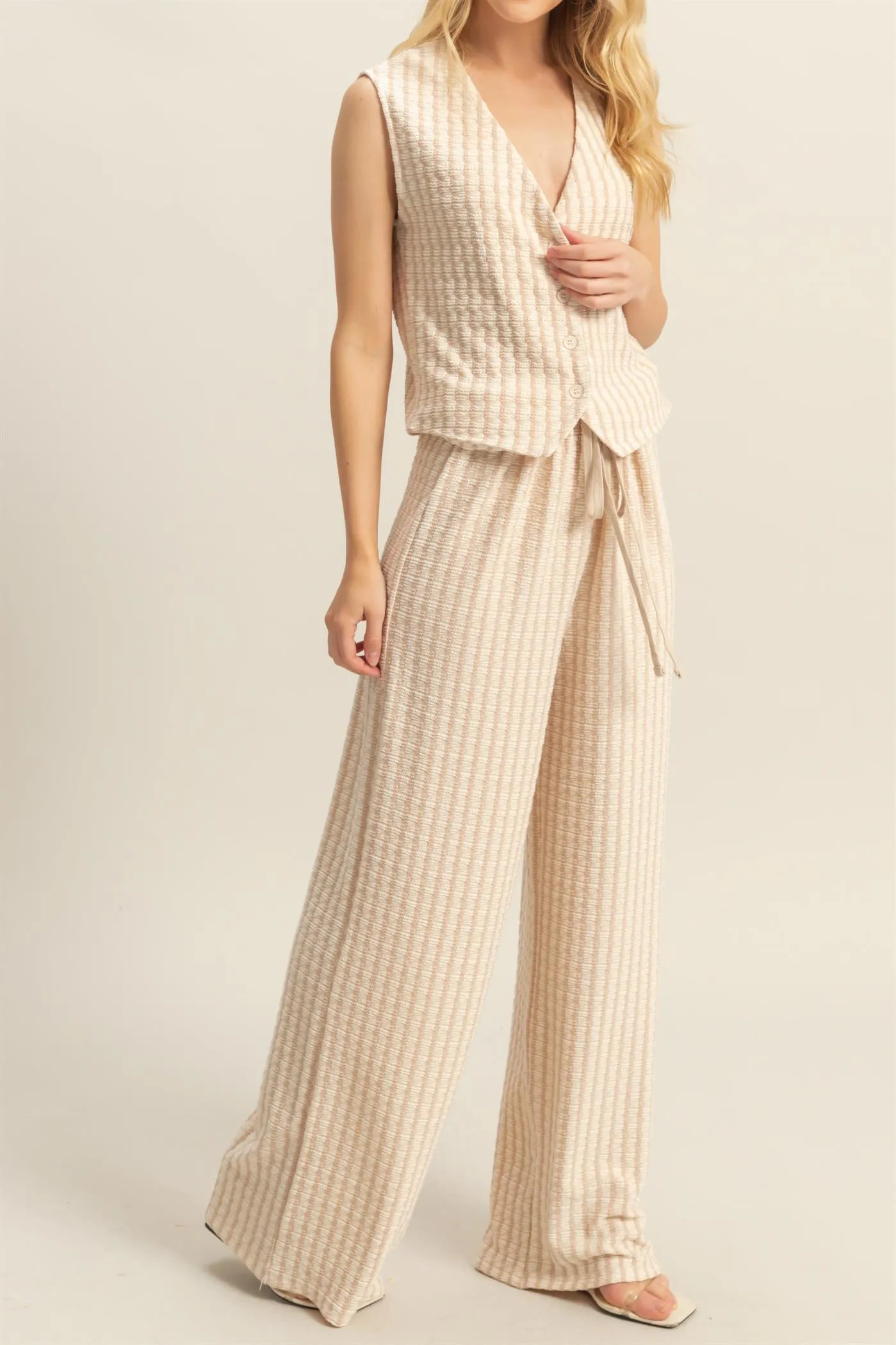 HF25E272-High Waist Drawstring Striped Knit Pants