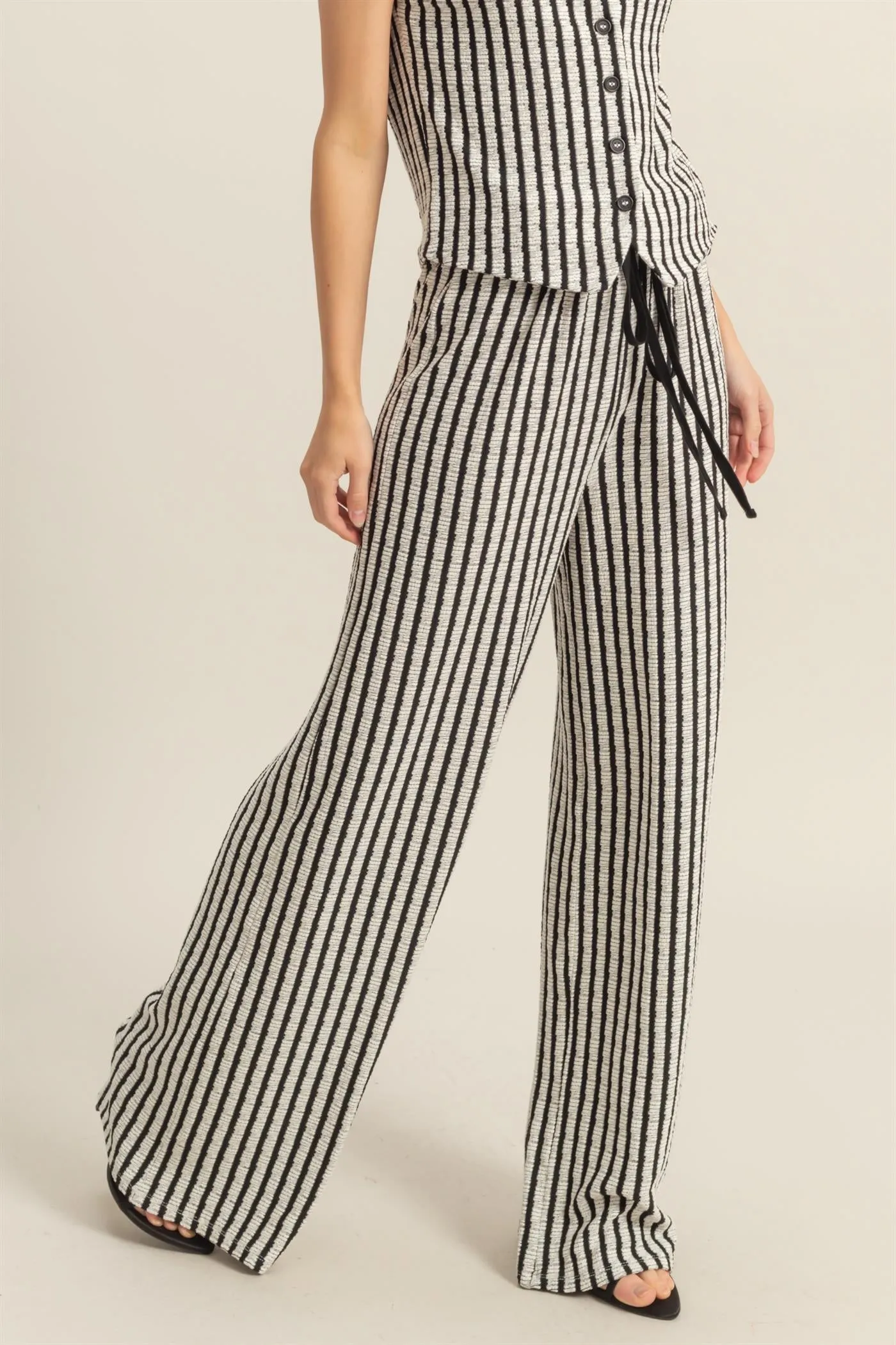 HF25E272-High Waist Drawstring Striped Knit Pants