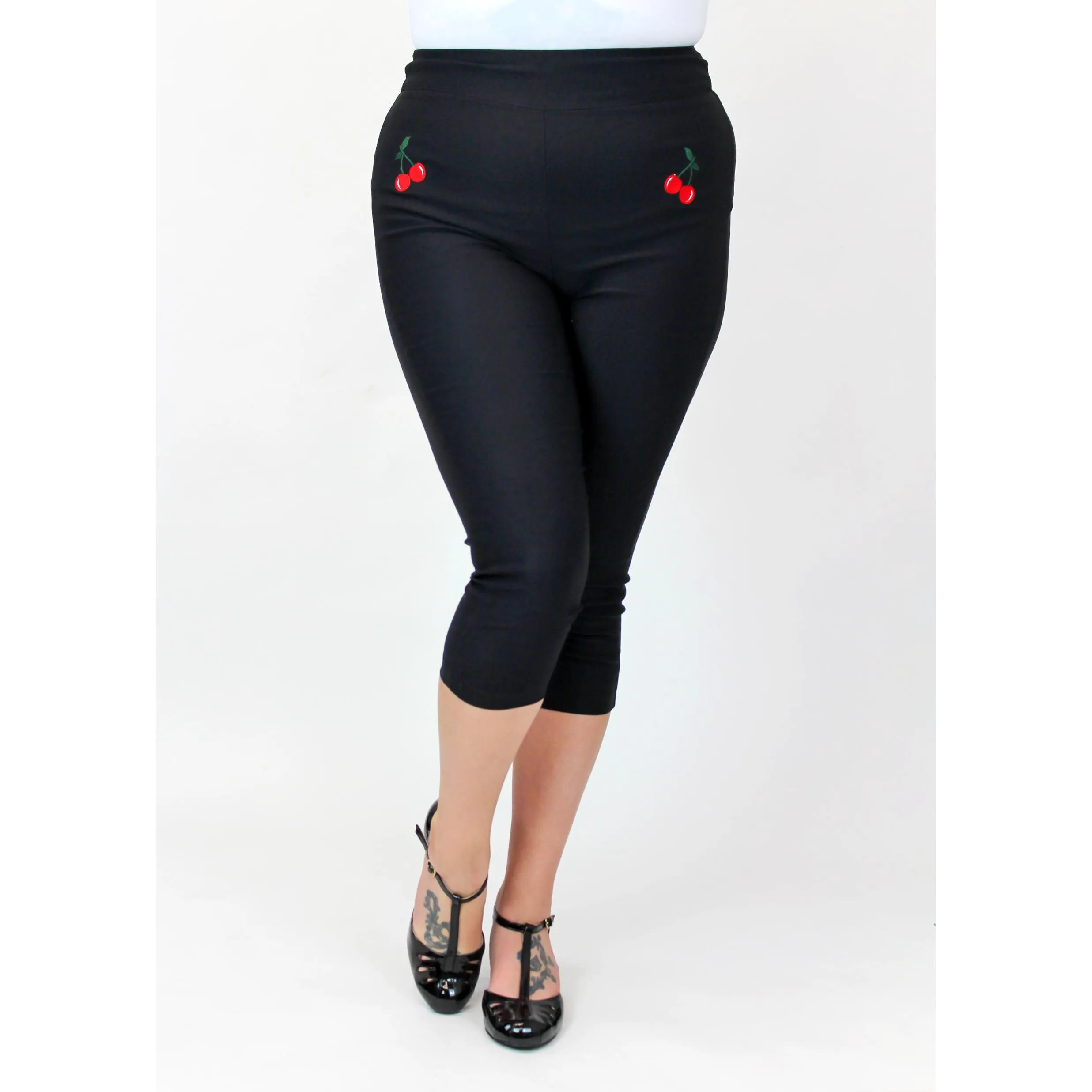 High Waist Capris in Black with Cherries by Hemet