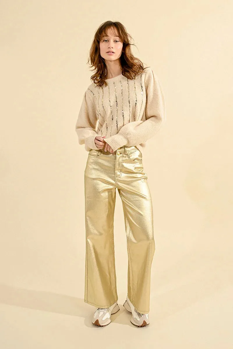 High Waist Coated Pants - Golden Beige