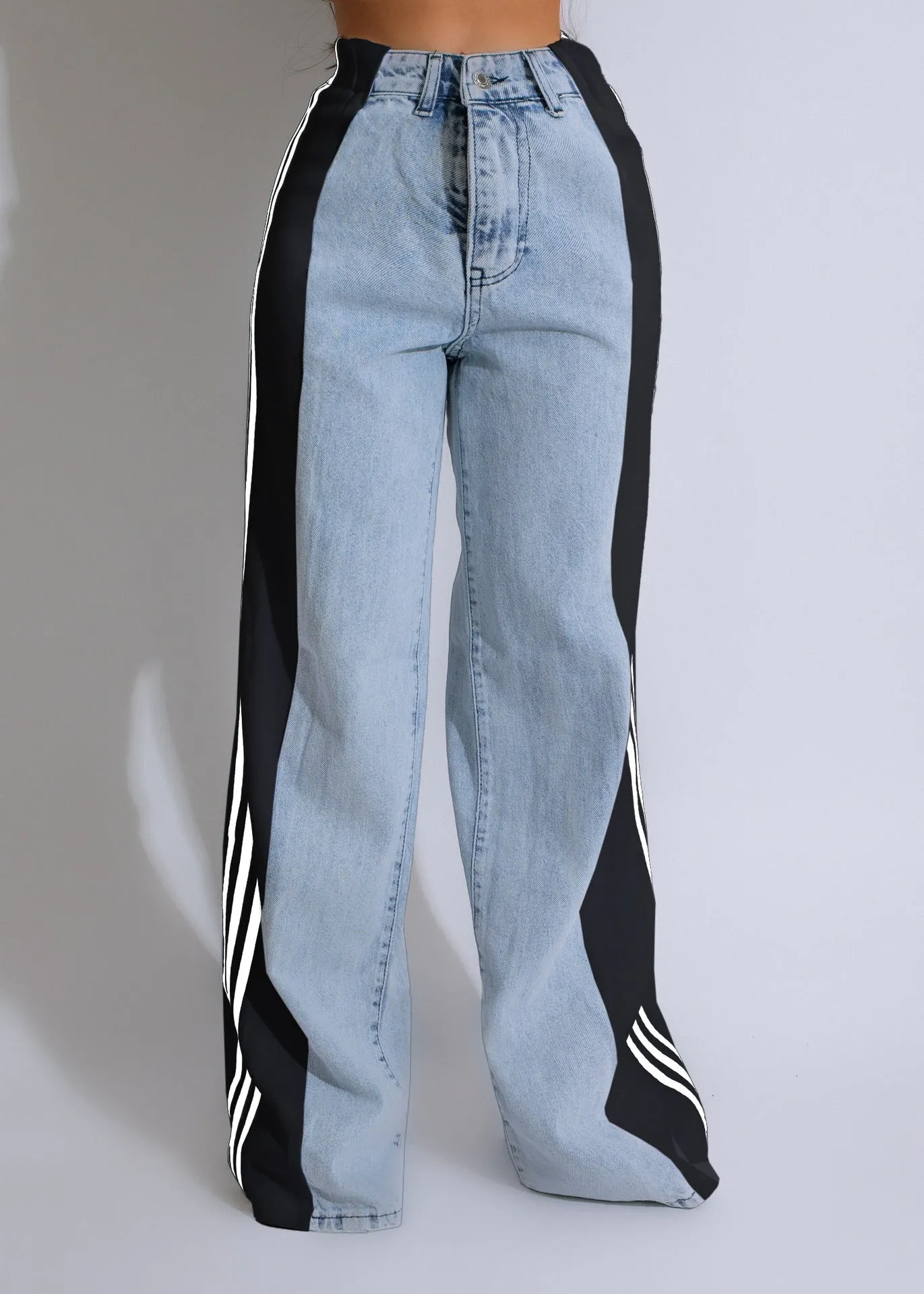 High Waist Straight Leg Side Stripe Stretch Denim Pants