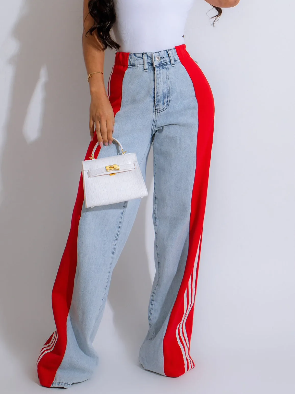 High Waist Straight Leg Side Stripe Stretch Denim Pants