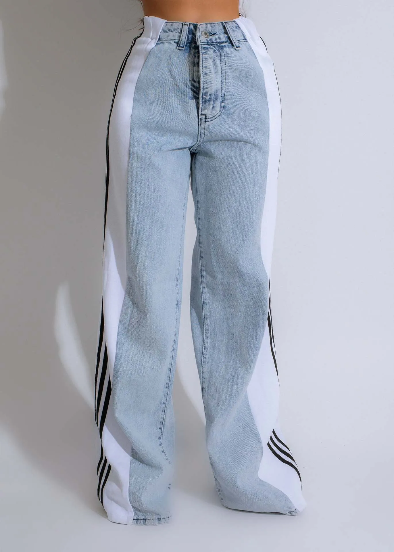 High Waist Straight Leg Side Stripe Stretch Denim Pants