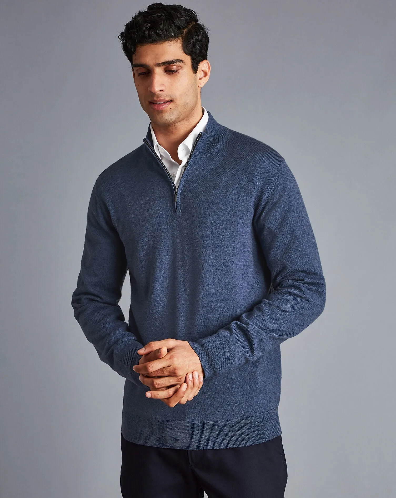 Indigo Blue Melange Pure Merino Zip Neck Jumper