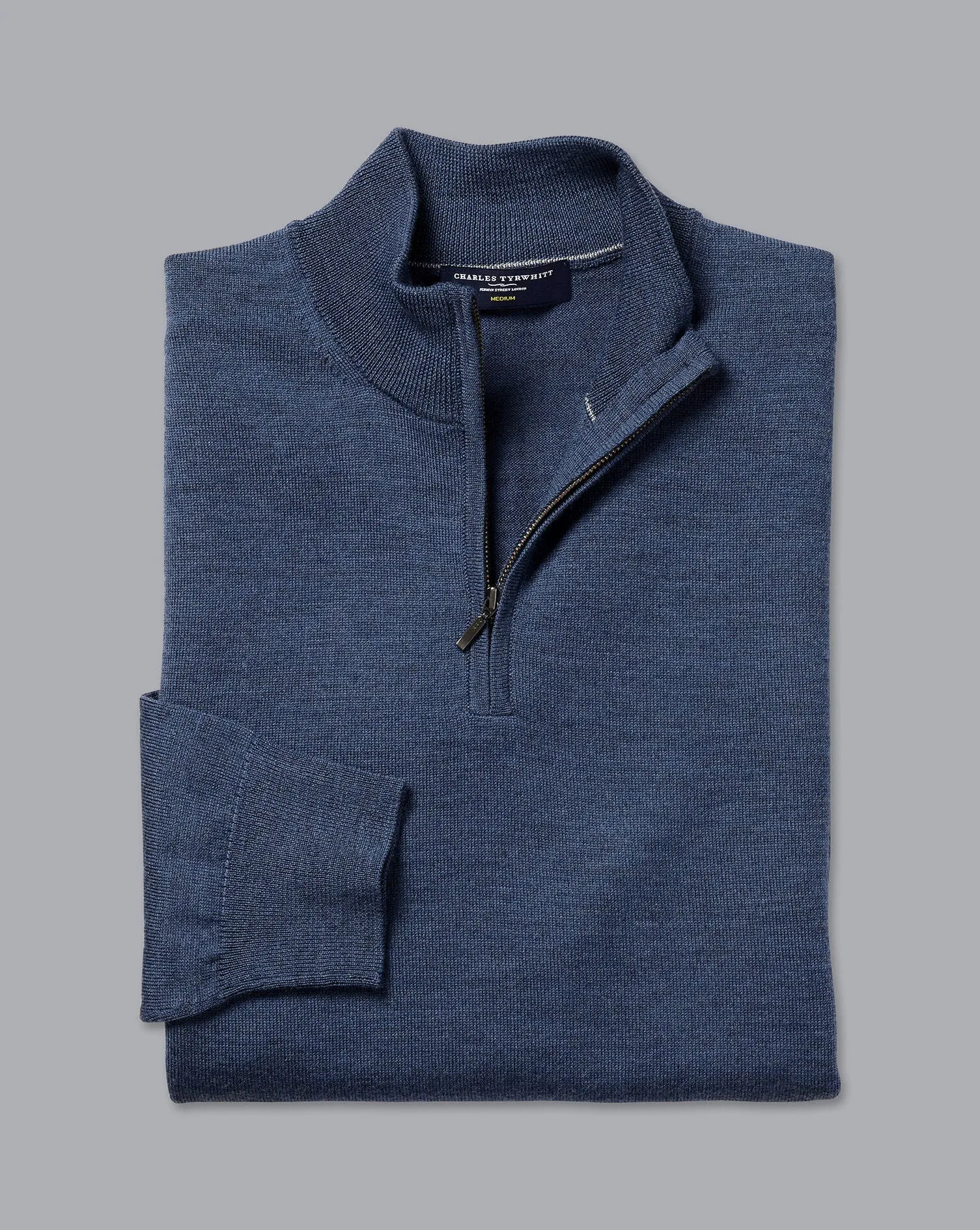 Indigo Blue Melange Pure Merino Zip Neck Jumper