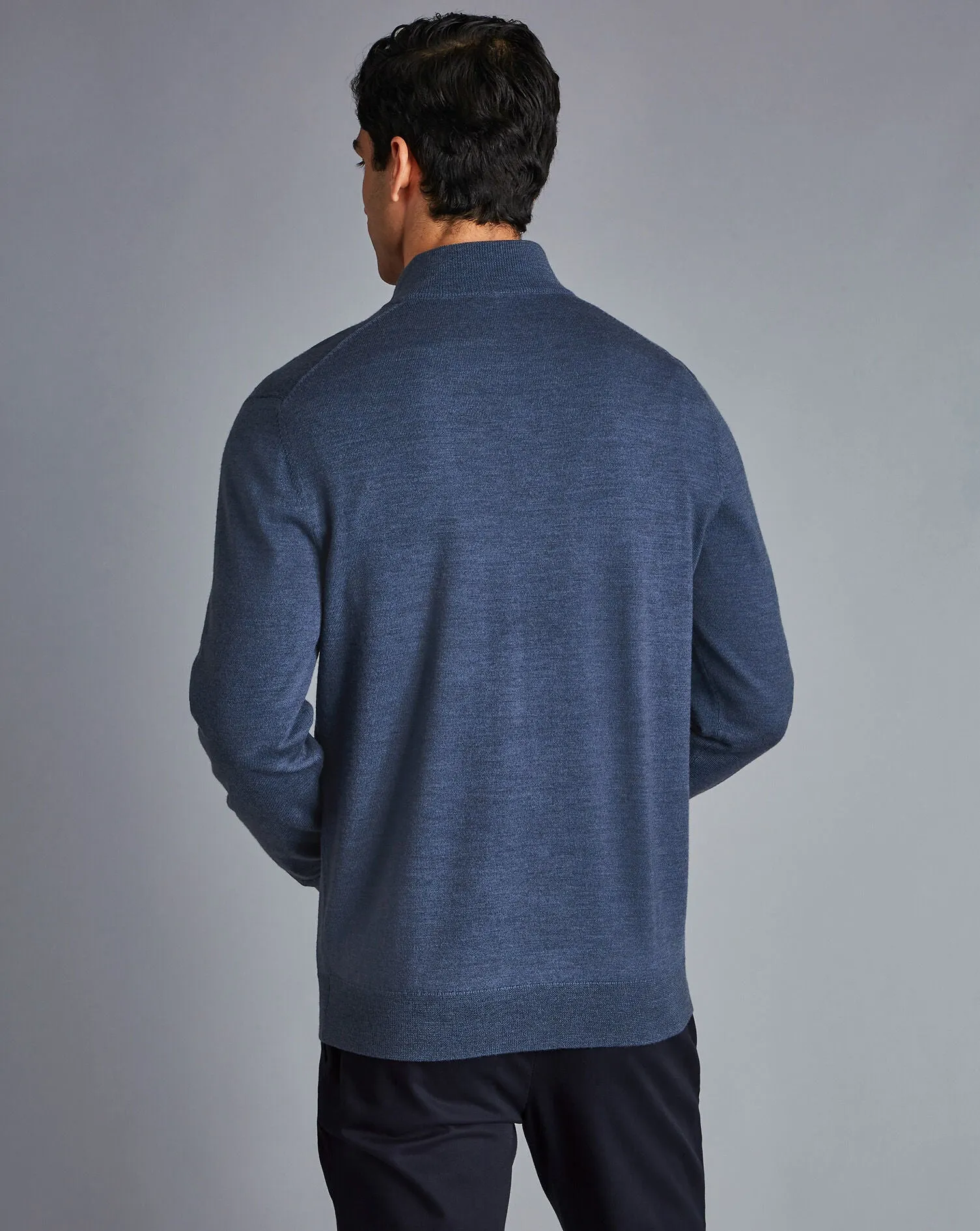 Indigo Blue Melange Pure Merino Zip Neck Jumper