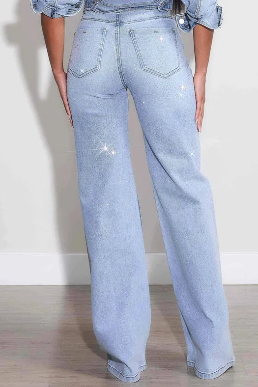 Iridescent Rhinestone High-Rise Wide Leg Jeans Light Stone