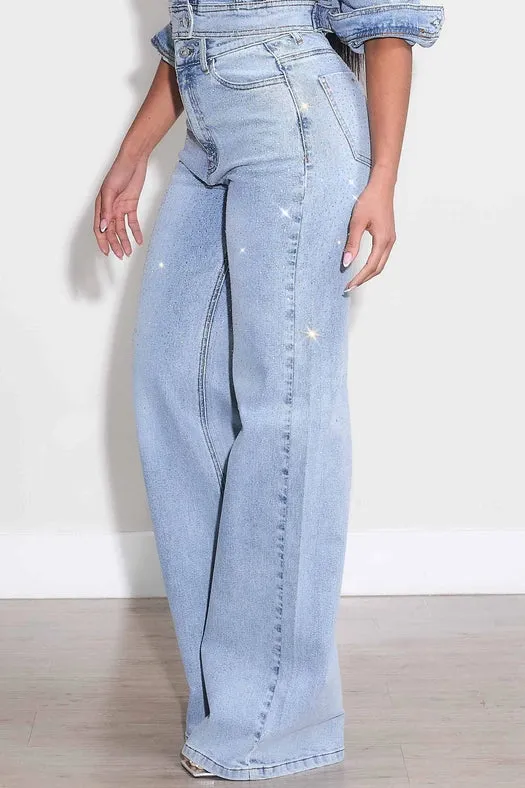 Iridescent Rhinestone High-Rise Wide Leg Jeans Light Stone