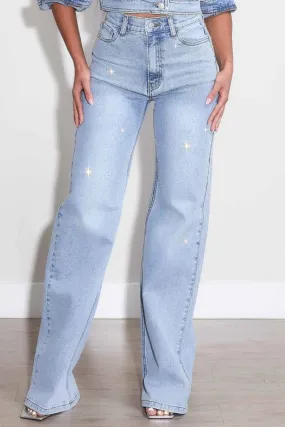 Iridescent Rhinestone High-Rise Wide Leg Jeans Light Stone