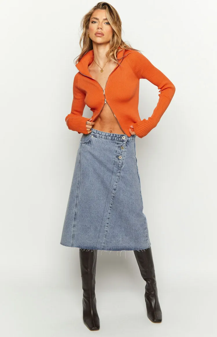 Jas Mid Wash Mid Waist Denim Midi Skirt