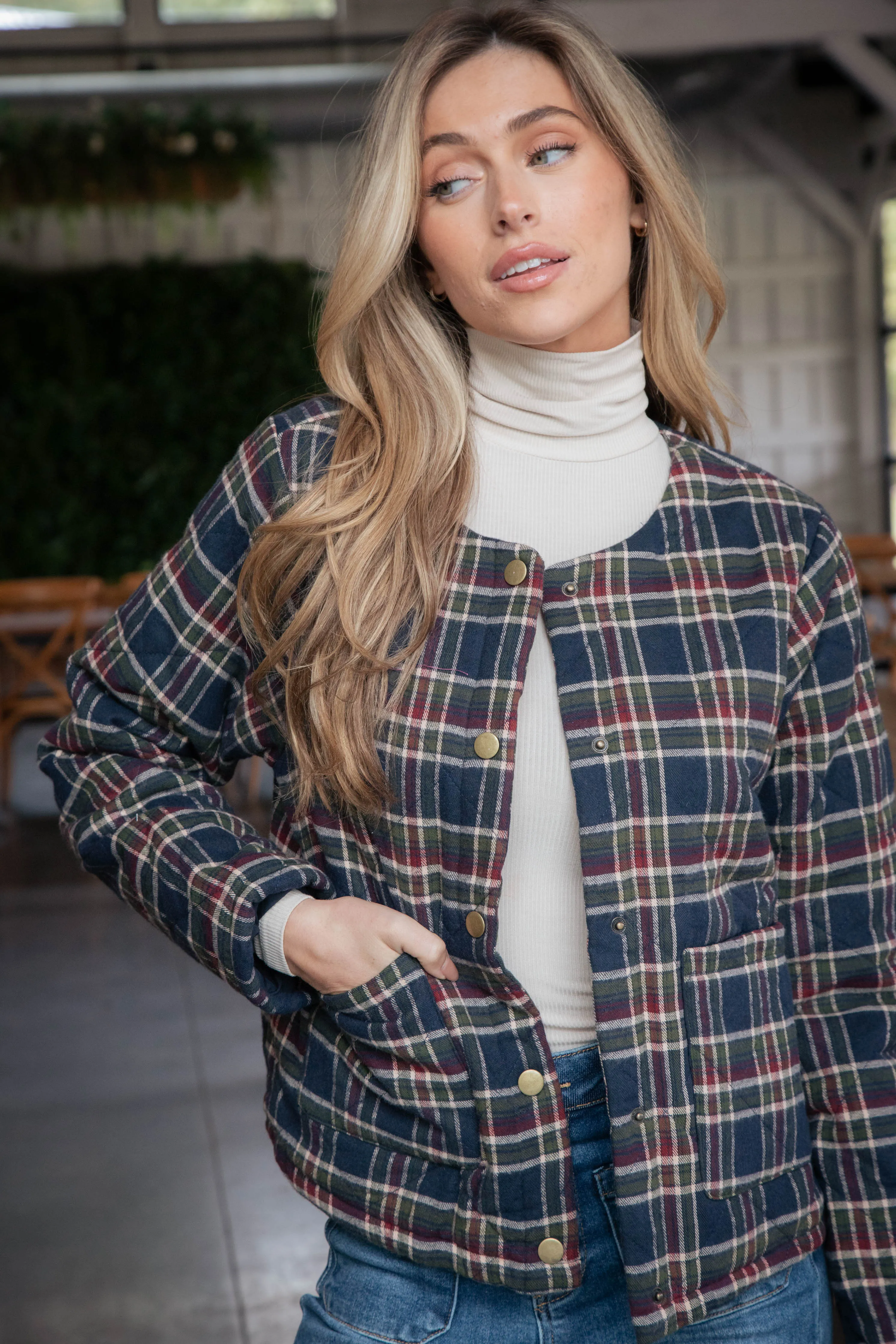 Judith Quilted Plaid Jacket, Navy